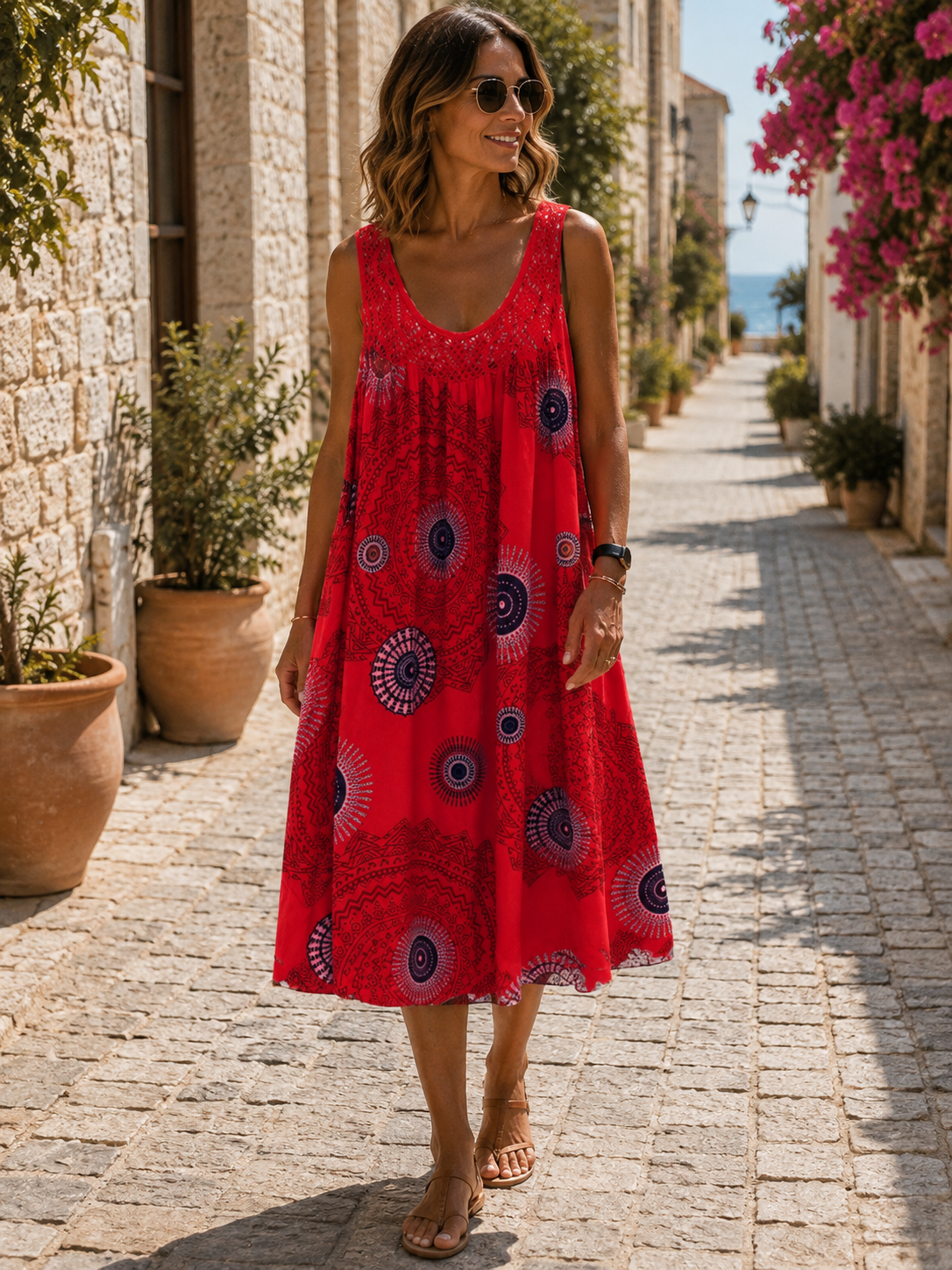 Vincent Women's Midi Dress – Artistic Print, Flowy Easy Fit & Lightweight Design