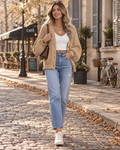 Liam Women's Cropped Knit Cardigan – V-Neckline, Button-Up Front & Puffed Sleeves