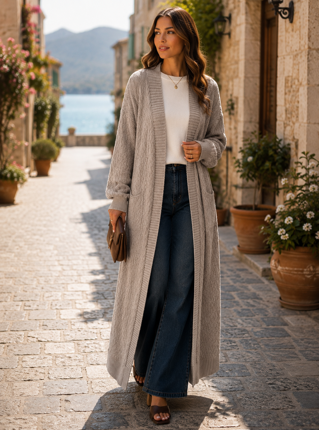 Julian Women's Long Knitted Cardigan – Gentle Textured Knit & Open-Front Design