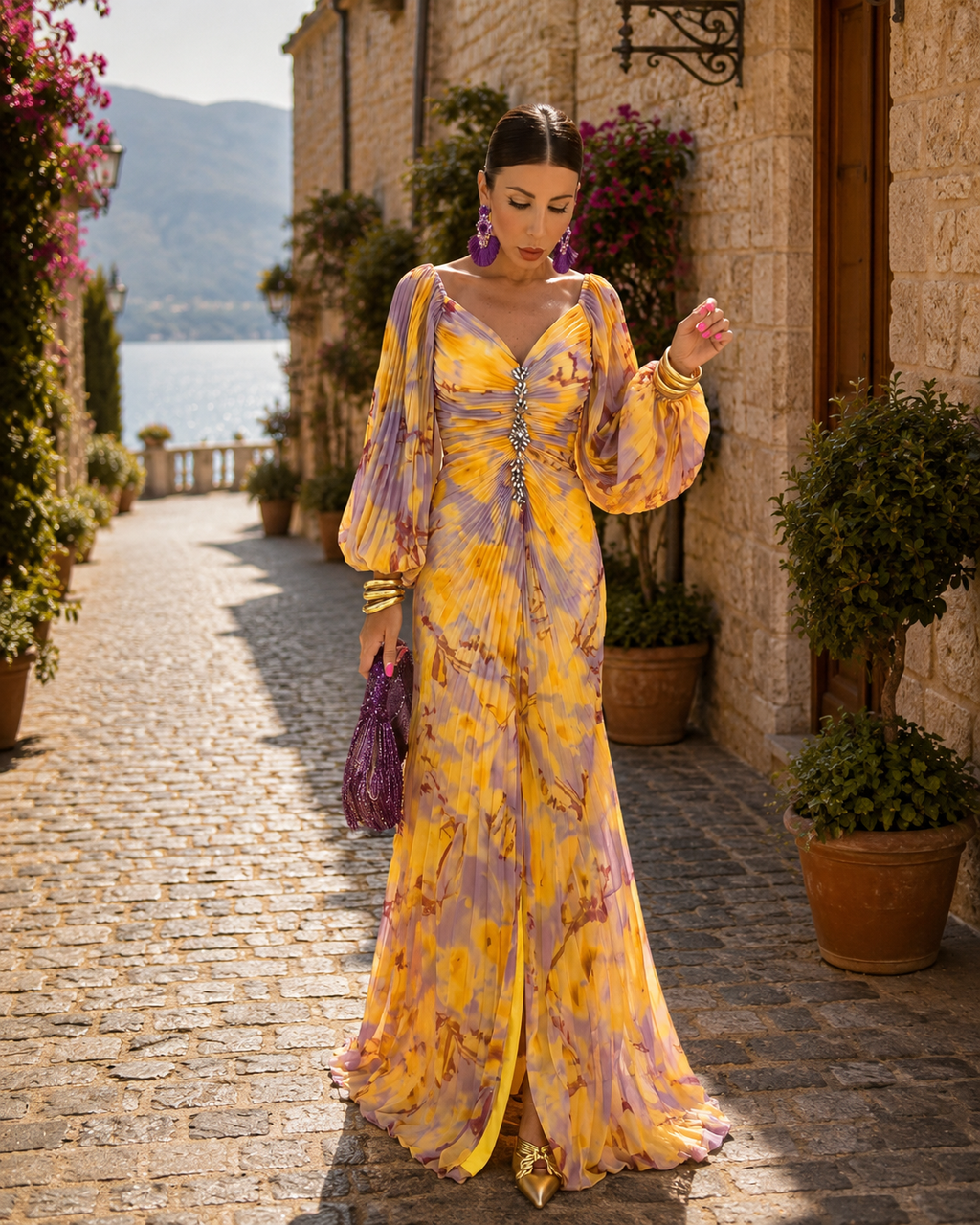 Iris Women's Floral Maxi Dress – Deep V-Neckline, Side Slit & Flowy Fit