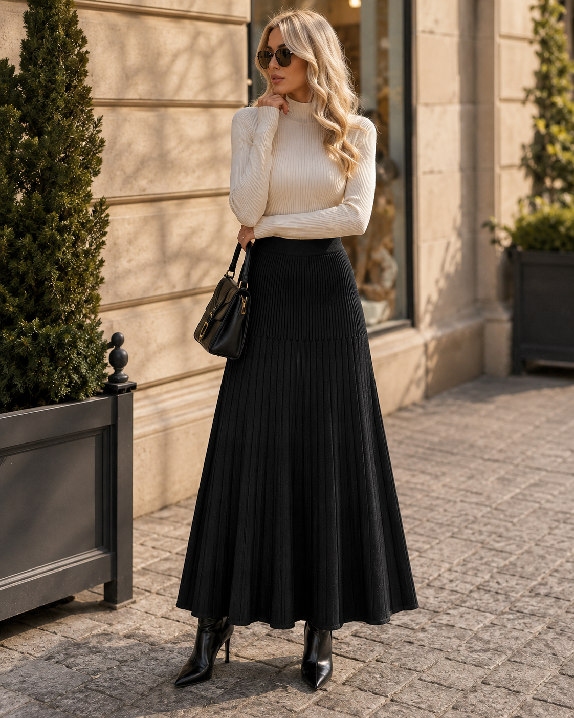 Leonard Women's Pleated Knit Skirt – High-Rise Waist, Fishtail Hem & Elastic Fit