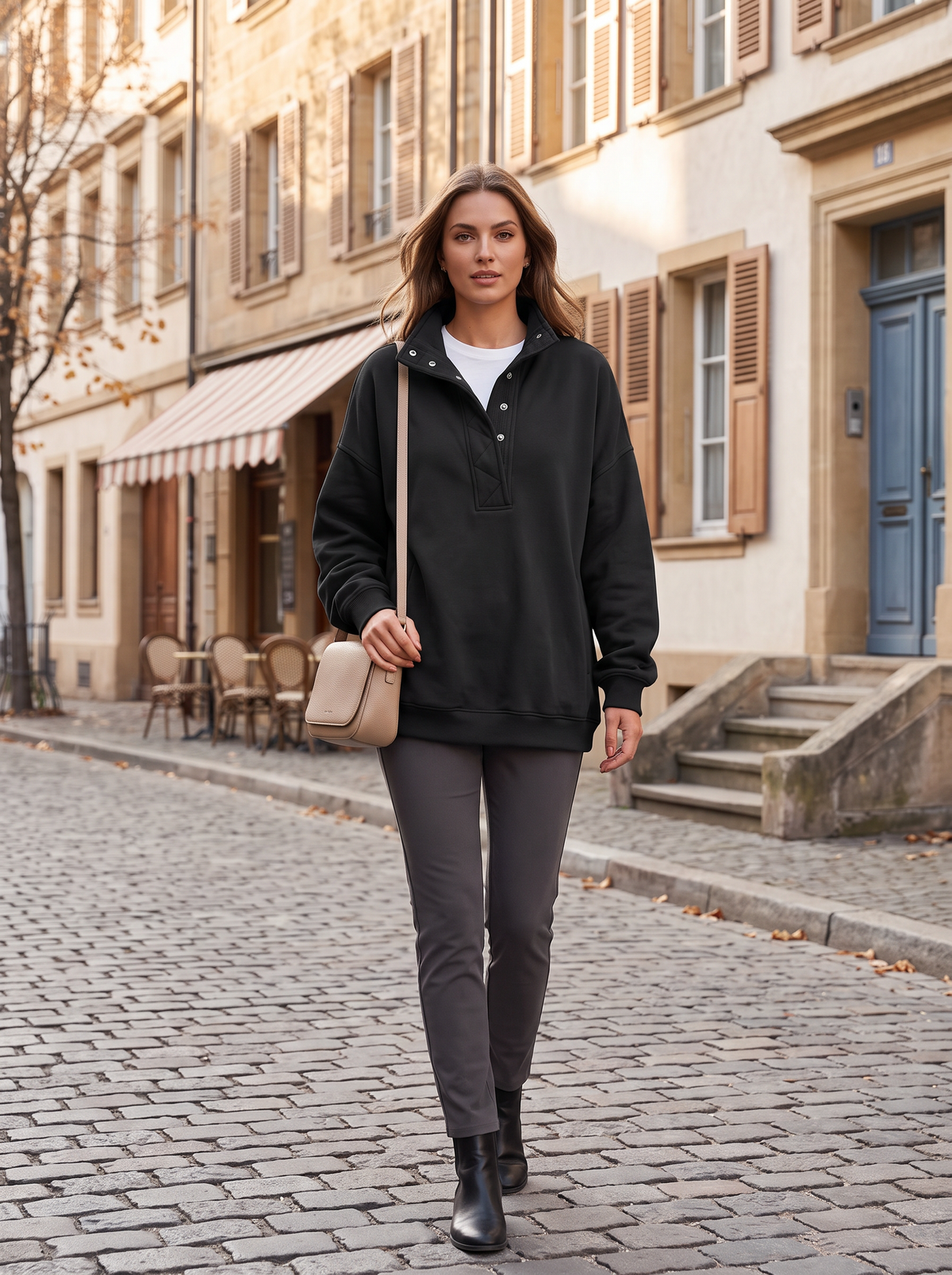 Luke Women's Oversized Henley Sweatshirt – Snap Collar, Fleece-Lined Interior & Dropped-Shoulder Design