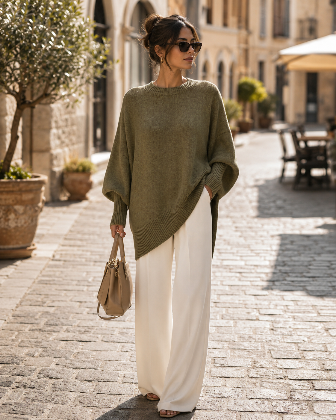 Lena Women's Oversized Top – Round Neckline, Wide Sleeves & Ribbed Detailing