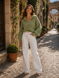 Simone Women's Knit Sweater – Turn-Down Collar, Contrast Detail & Full-Length Sleeves