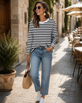 Amelia Women's Striped Long Sleeve Top – Round Neckline, Contrast Design & Plush Stretch