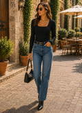 Brenda Women's Ribbed Top – Square Neckline, Full-Length Sleeves & Slim Stretch Fit