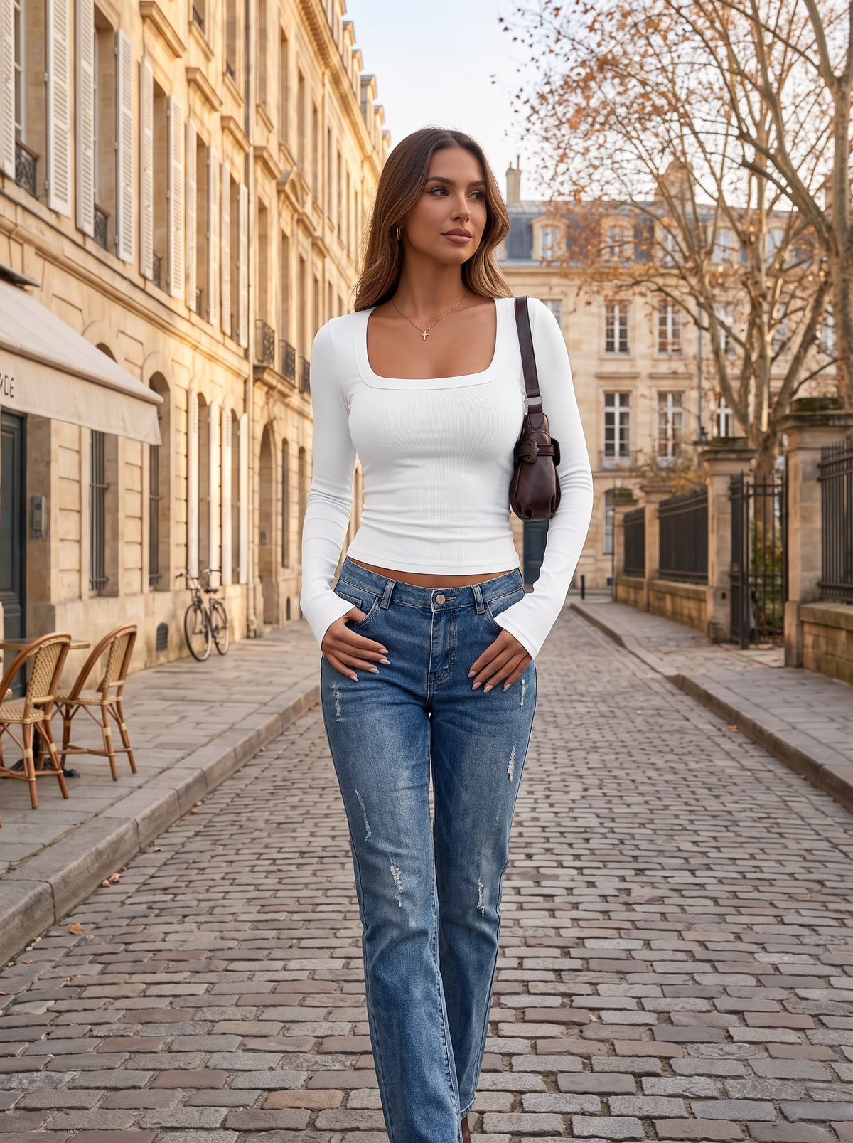 Whitney Women's Ribbed Square Neckline Top – Tailored Fit, Full-Length Sleeves & Stretchy Material