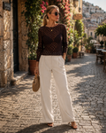 Paula Women's Lace Top – Floral Full-Length Sleeves, Wide Round Neckline & Fitted Design