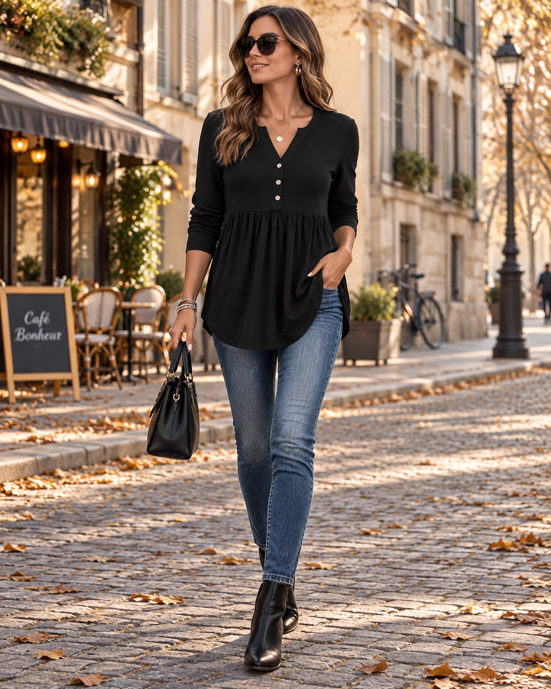Leah Women's Henley Blouse – V-Neckline, Full-Length Sleeves, Decorative Buttons & Pleated Detail