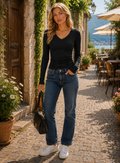 Matthew Women's Ribbed V-Neckline Top – Full-Length Sleeves, Fitted Silhouette & Stretchy Material