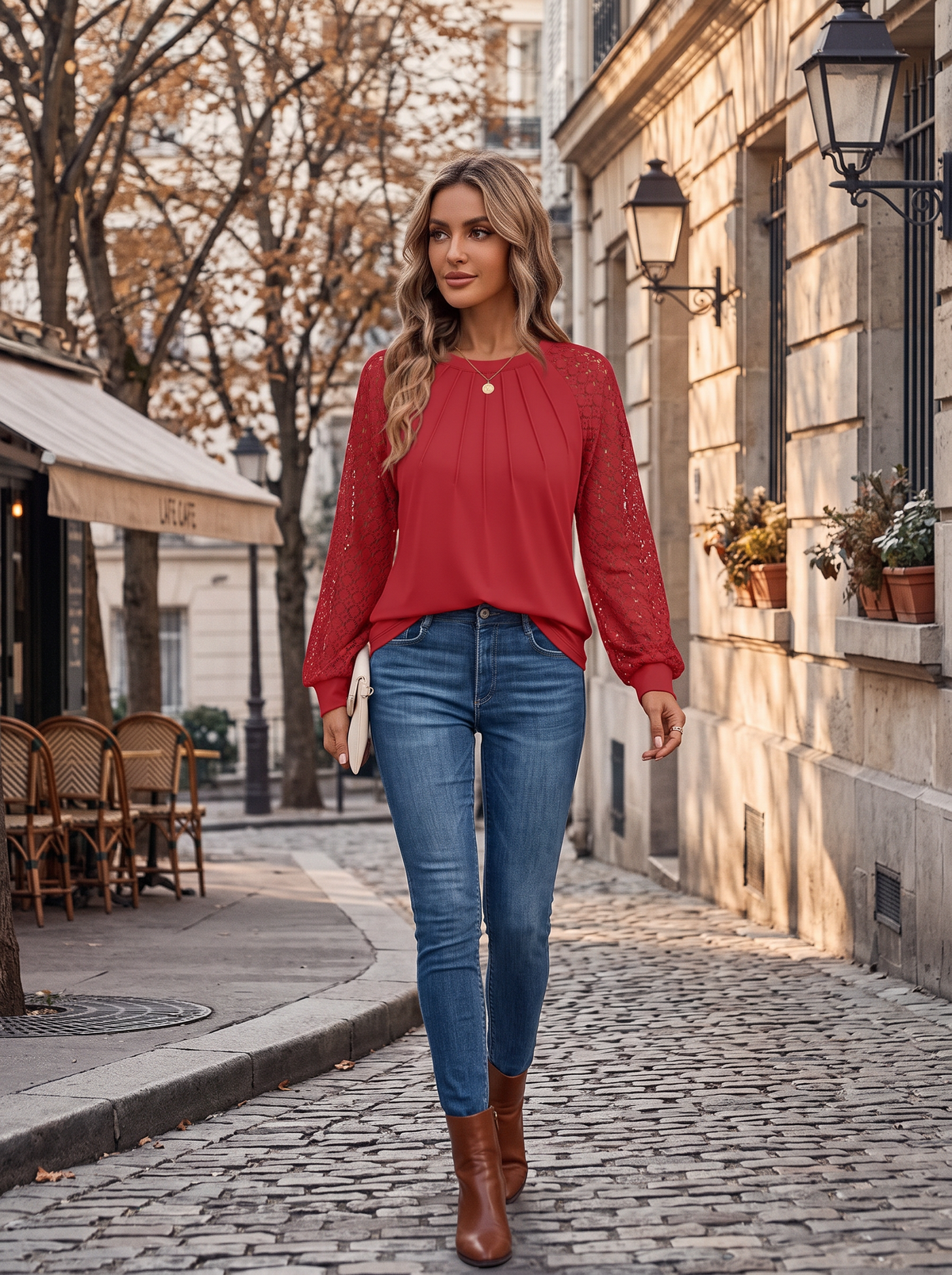 Zoe Women's Lace Sleeve Top – Round Neckline, Raglan Sleeves & Pintuck Detail