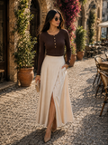 Marta Women's Ribbed Top – Full-Length Sleeves, Round Neckline & Gold Button Detail