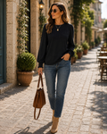 Reginald Women's Pleated Top – Crewneck, Smocked Cuffs & Easy Fit