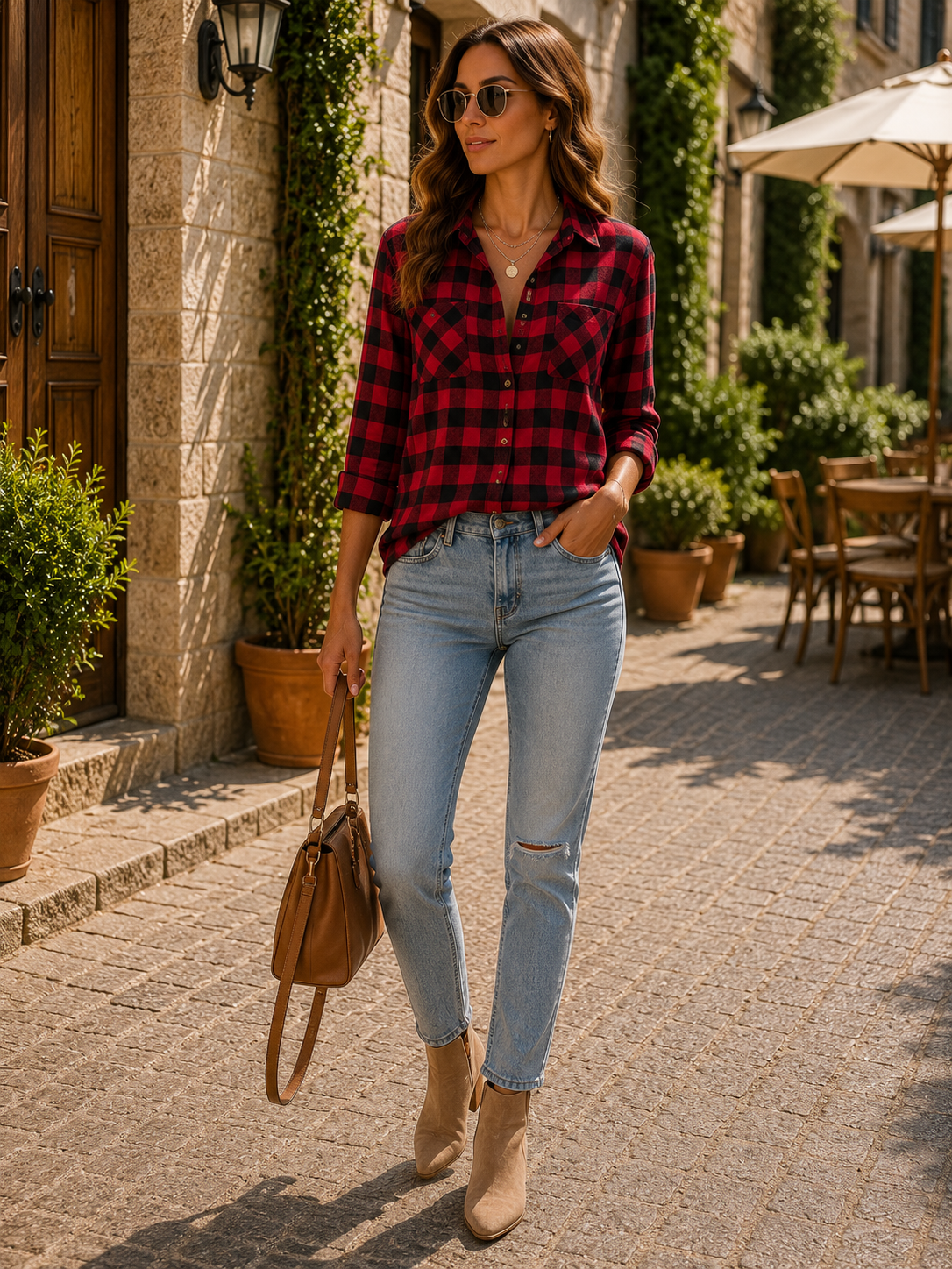 Lorraine Women's Plaid Shirt – Loose Silhouette, Wooden Buttons & Front Handy Chest Pockets