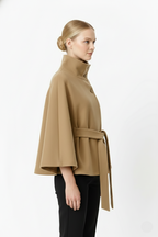 Hannah Women's Wool Coat – Chic Mandarin Collar with Detachable Belt & Easy-Going Fit