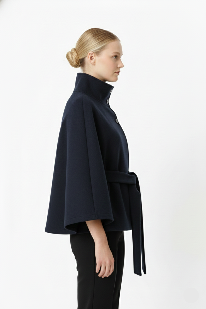 Hannah Women's Wool Coat – Chic Mandarin Collar with Detachable Belt & Easy-Going Fit