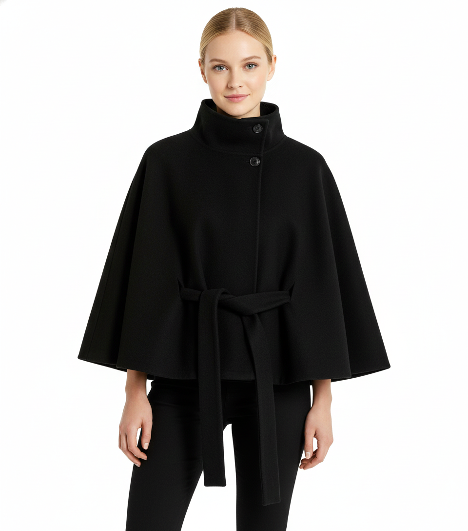 Hannah Women's Wool Coat – Chic Mandarin Collar with Detachable Belt & Easy-Going Fit
