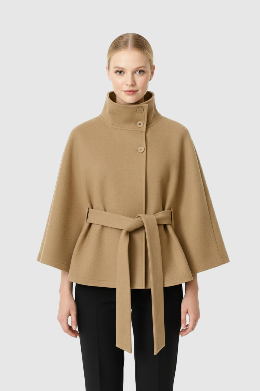 Alessia Women's Wool Blend Coat – Long Belted Winter Coat with Stand Collar