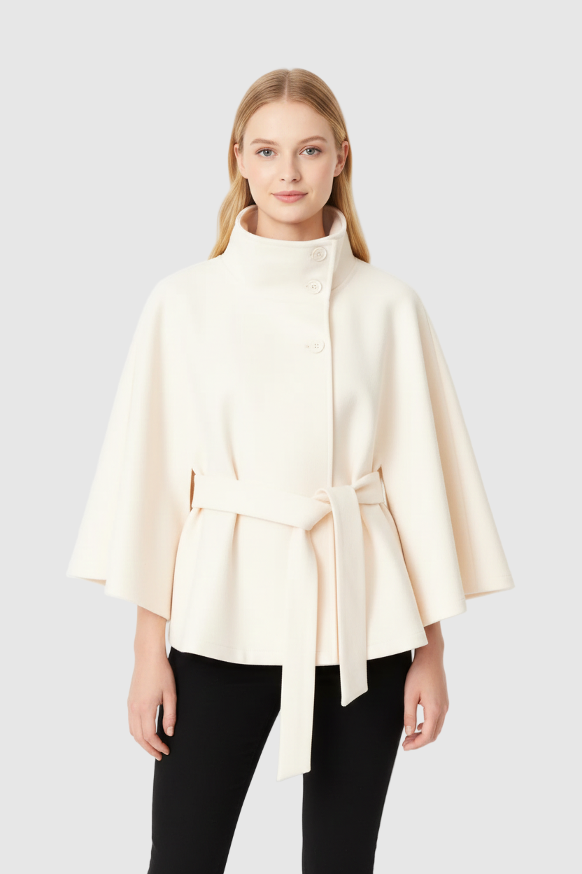 Hannah Women's Wool Coat – Chic Mandarin Collar with Detachable Belt & Easy-Going Fit