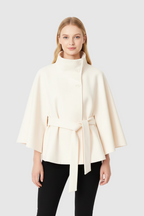 Hannah Women's Wool Coat – Chic Mandarin Collar with Detachable Belt & Easy-Going Fit