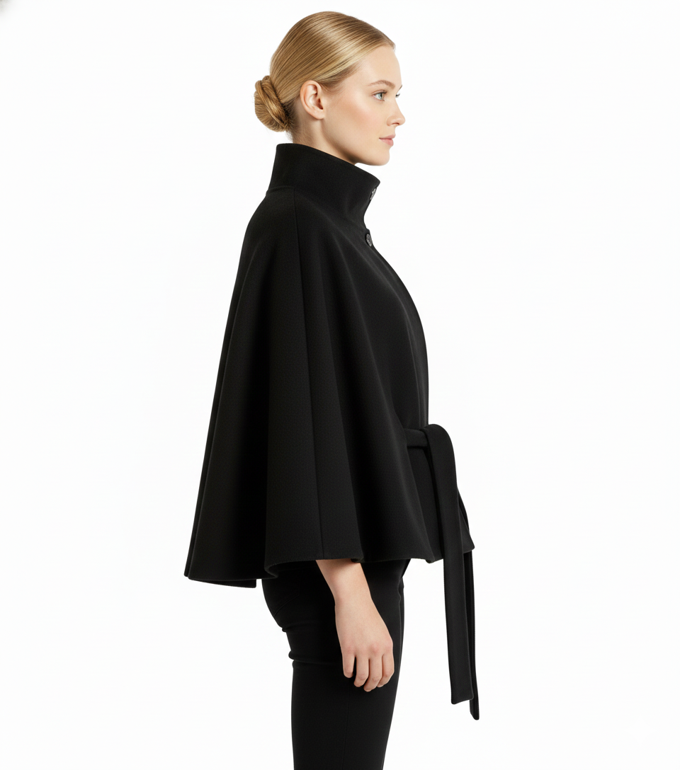 Hannah Women's Wool Coat – Chic Mandarin Collar with Detachable Belt & Easy-Going Fit
