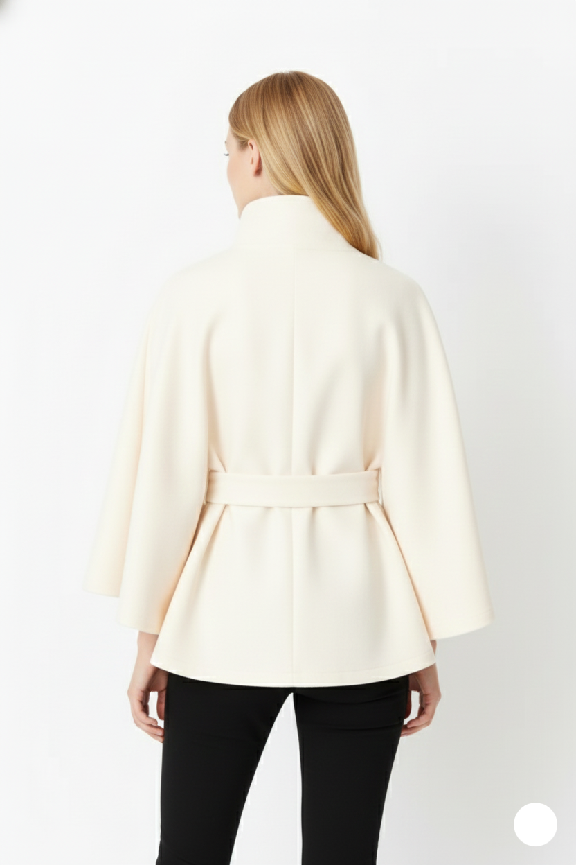 Hannah Women's Wool Coat – Chic Mandarin Collar with Detachable Belt & Easy-Going Fit