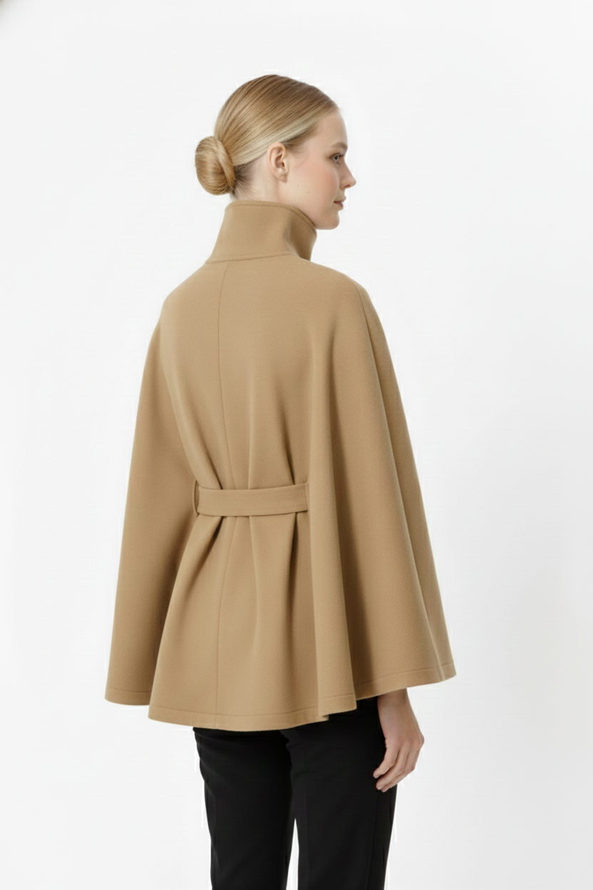 Hannah Women's Wool Coat – Chic Mandarin Collar with Detachable Belt & Easy-Going Fit