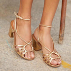 Elise Women's Braided Roman Sandals – Open Toe Block Heel Summer Sandals