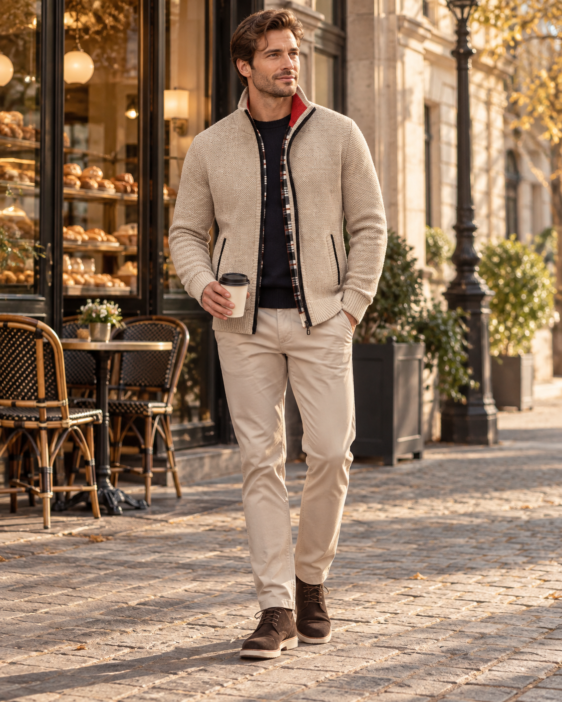 Gian Men's Full-Zip Knit Jacket Cardigan - Plaid Lining, Ribbed Collar and Pockets