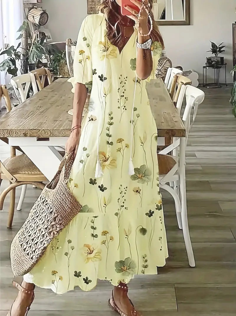 Charlotte Women’s Boho Dress – Ikat Print Summer Dress with V-Neck & Ruffle Details