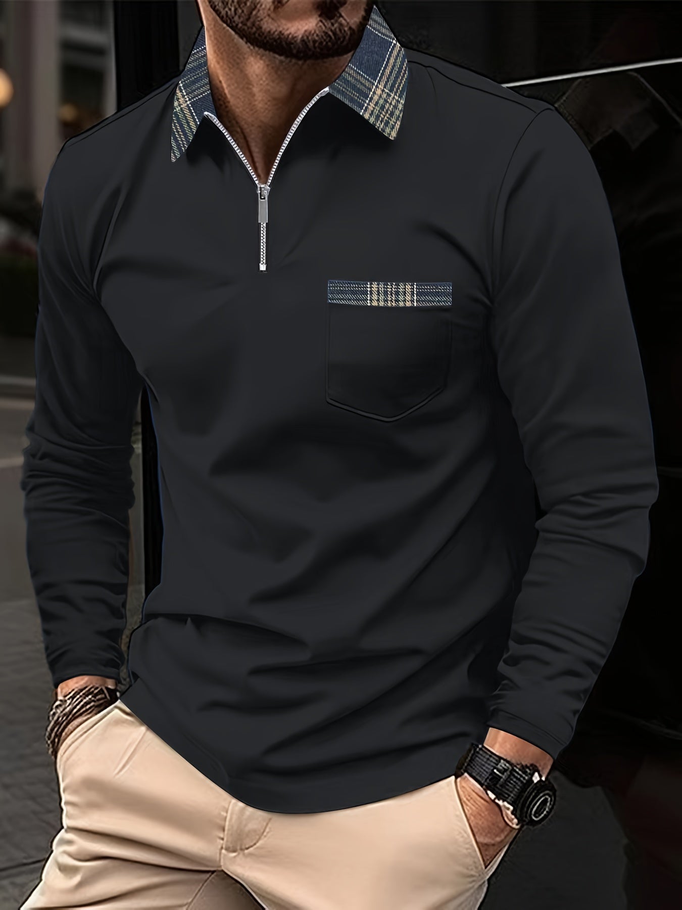 Dorian Men's Long Sleeve Polo Shirt with Zip Collar & Classic Check Pattern