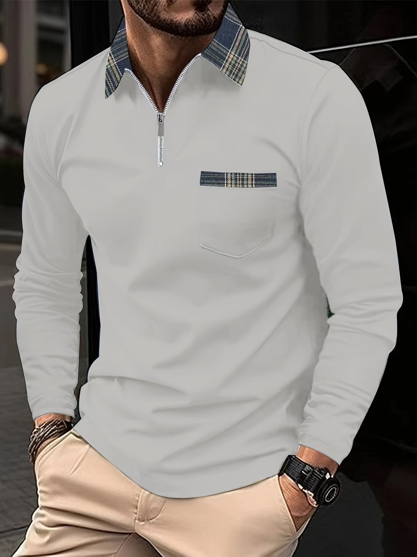 Dorian Men's Long Sleeve Polo Shirt with Zip Collar & Classic Check Pattern