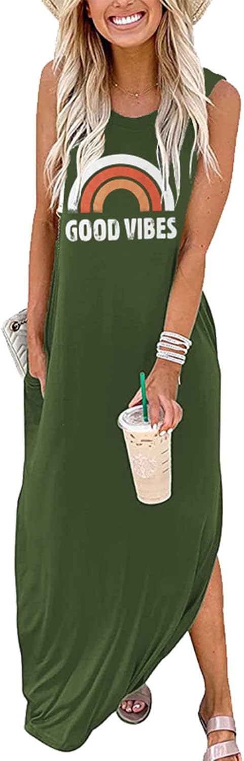 Celestia Women's Sleeveless Good Vibes Graphic Maxi Dress with Side Pockets