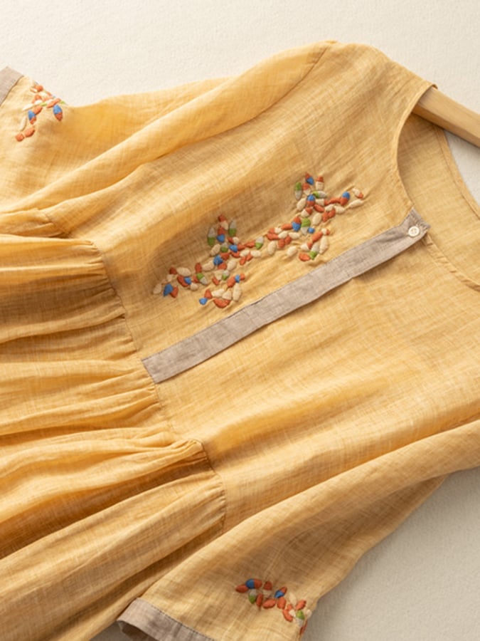 Cara Women's Dress – Embroidered Cotton-Linen Dress with Ethnic-Inspired Design and Easy Fit