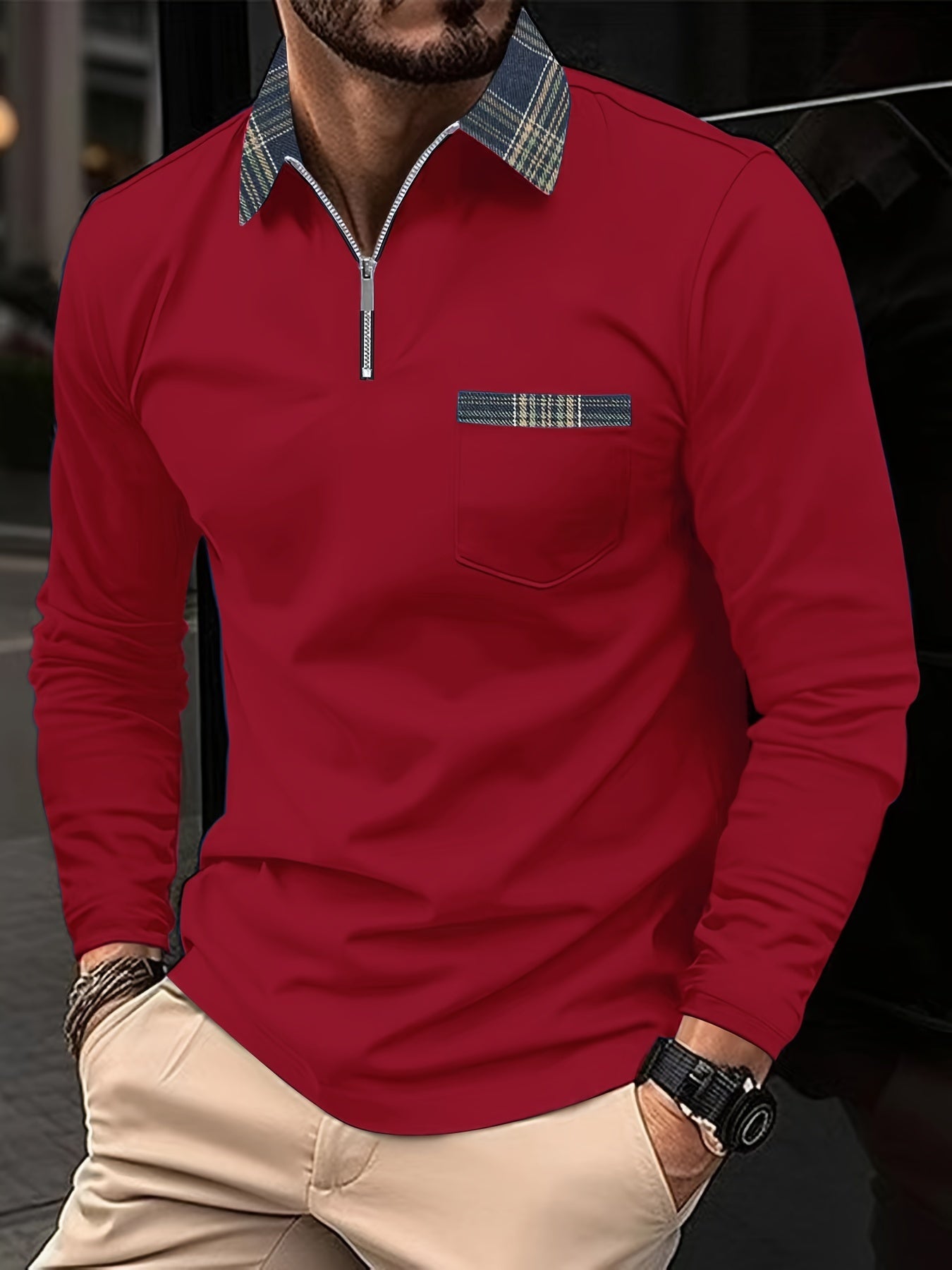 Dorian Men's Long Sleeve Polo Shirt with Zip Collar & Classic Check Pattern