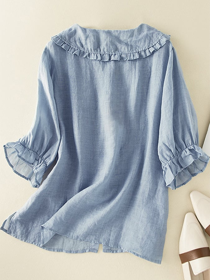 Genevieve Women's Cotton Linen Blouse – Relaxed Fit Shirt with Ruffled Peter Pan Collar