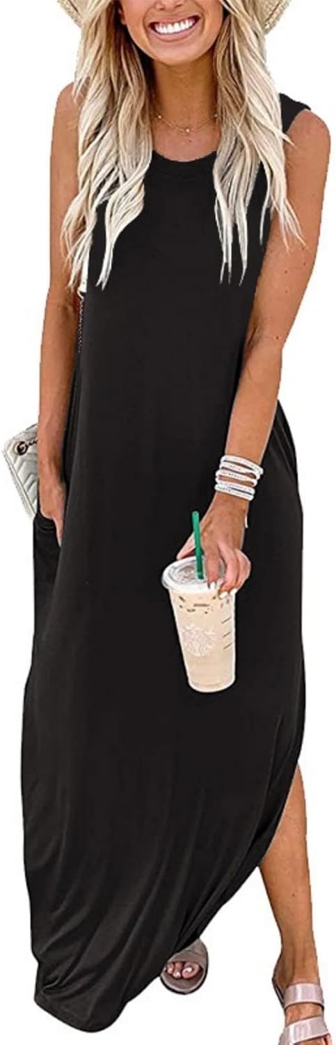 Celestia Women's Sleeveless Good Vibes Graphic Maxi Dress with Side Pockets