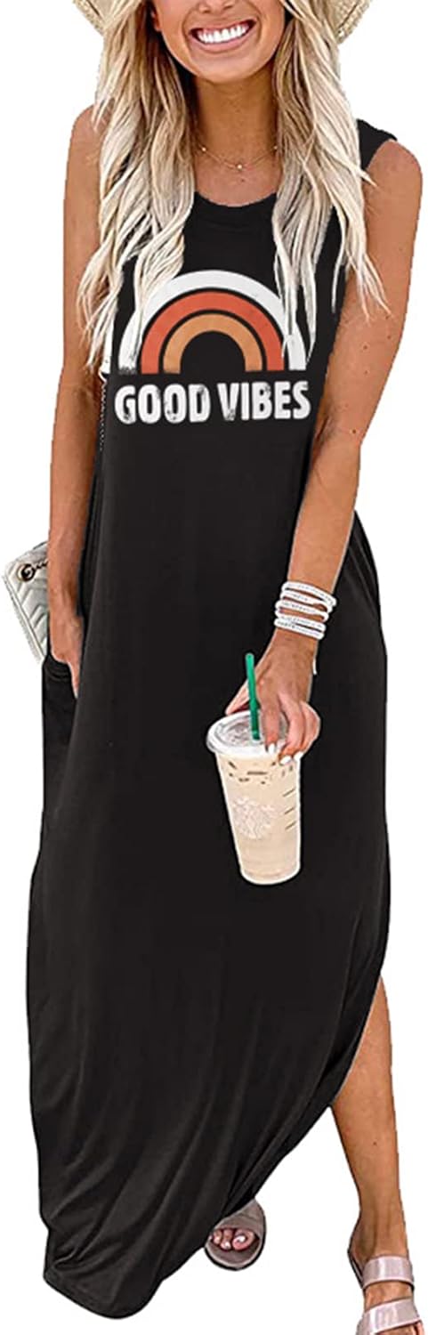 Celestia Women's Sleeveless Good Vibes Graphic Maxi Dress with Side Pockets