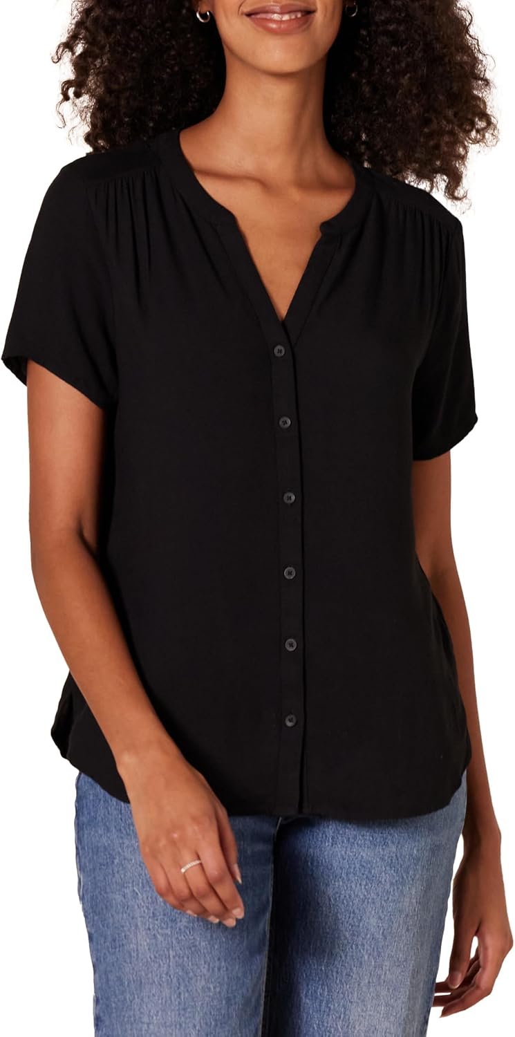 Aislynn Printed Short Sleeve Button Front V-Neck Viscose Blouse for Everyday Style