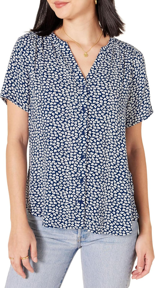 Aislynn Printed Short Sleeve Button Front V-Neck Viscose Blouse for Everyday Style