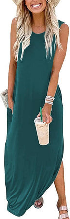 Celestia Women's Sleeveless Good Vibes Graphic Maxi Dress with Side Pockets