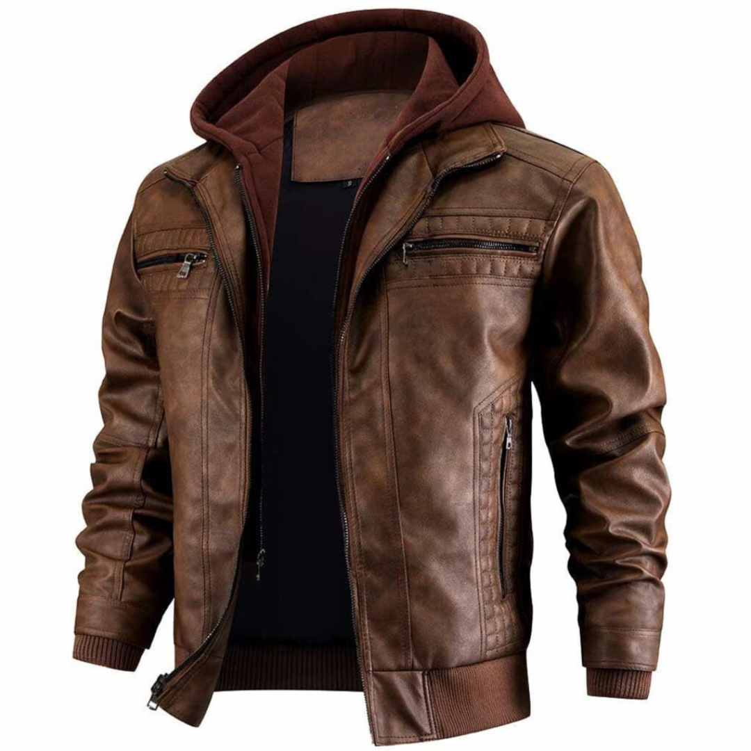 Maverick Men's Leather Biker Jacket – Vintage Moto Style with Hood & Zip Closure