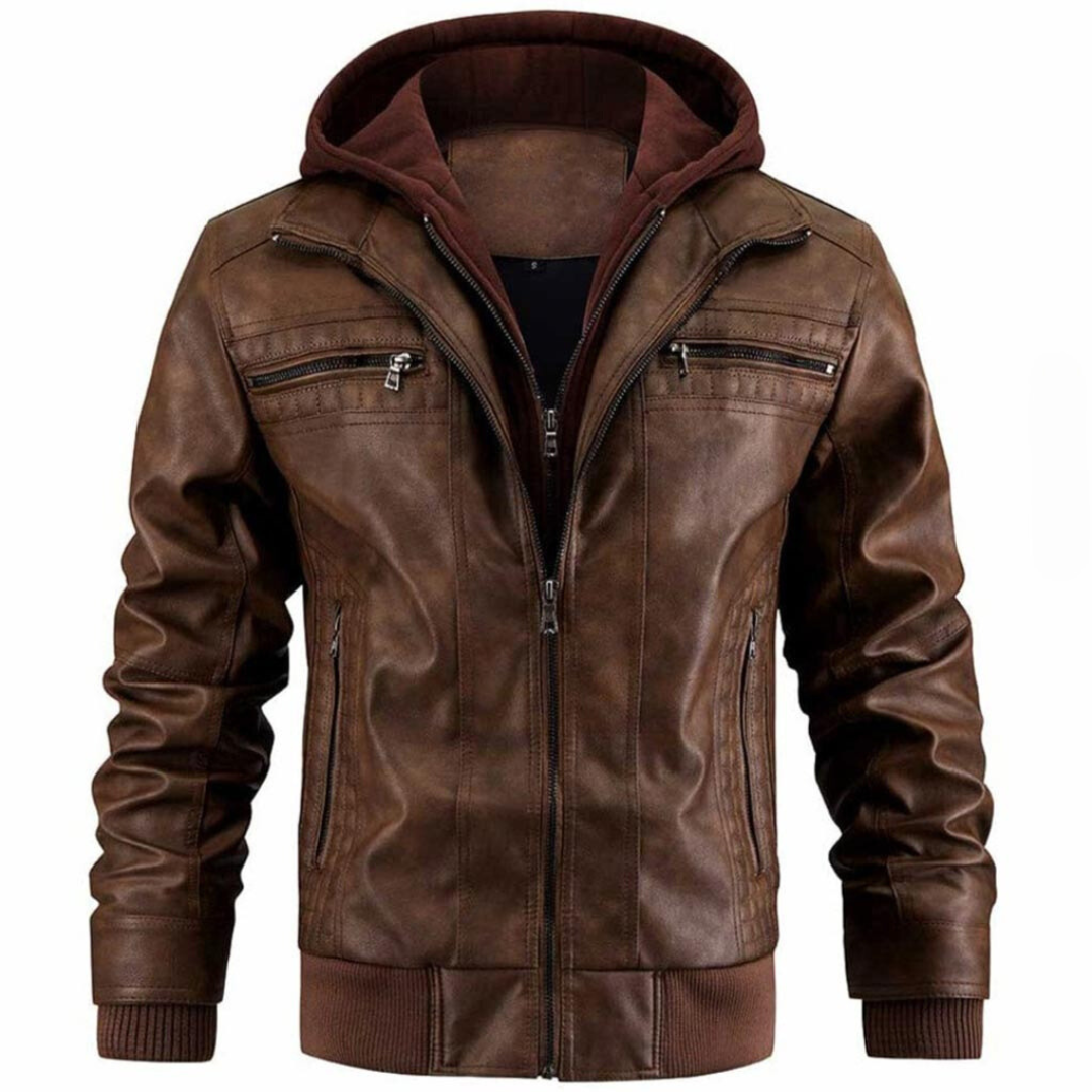 Matthew Men's Leather Jacket – Retro Biker Style with Hood & Zip Closure