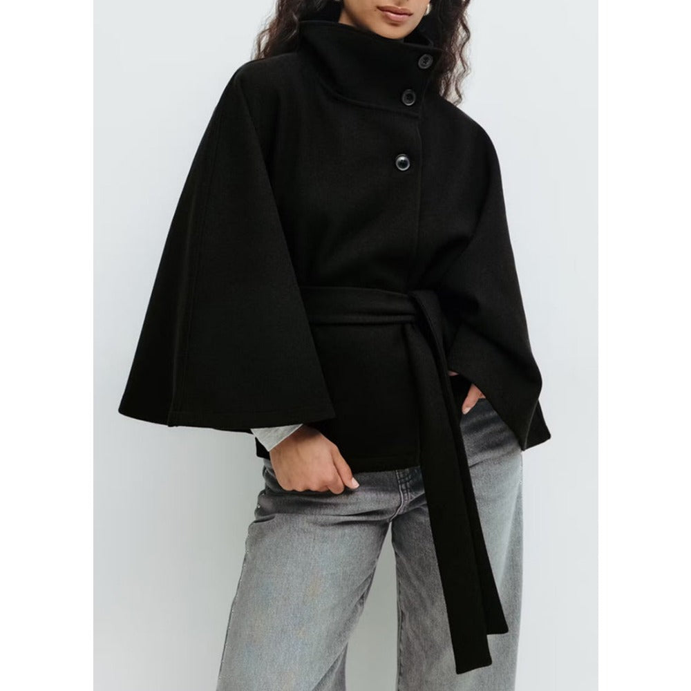 Charlotte Women’s Cape Coat – Elegant Belted Winter Coat with High Collar