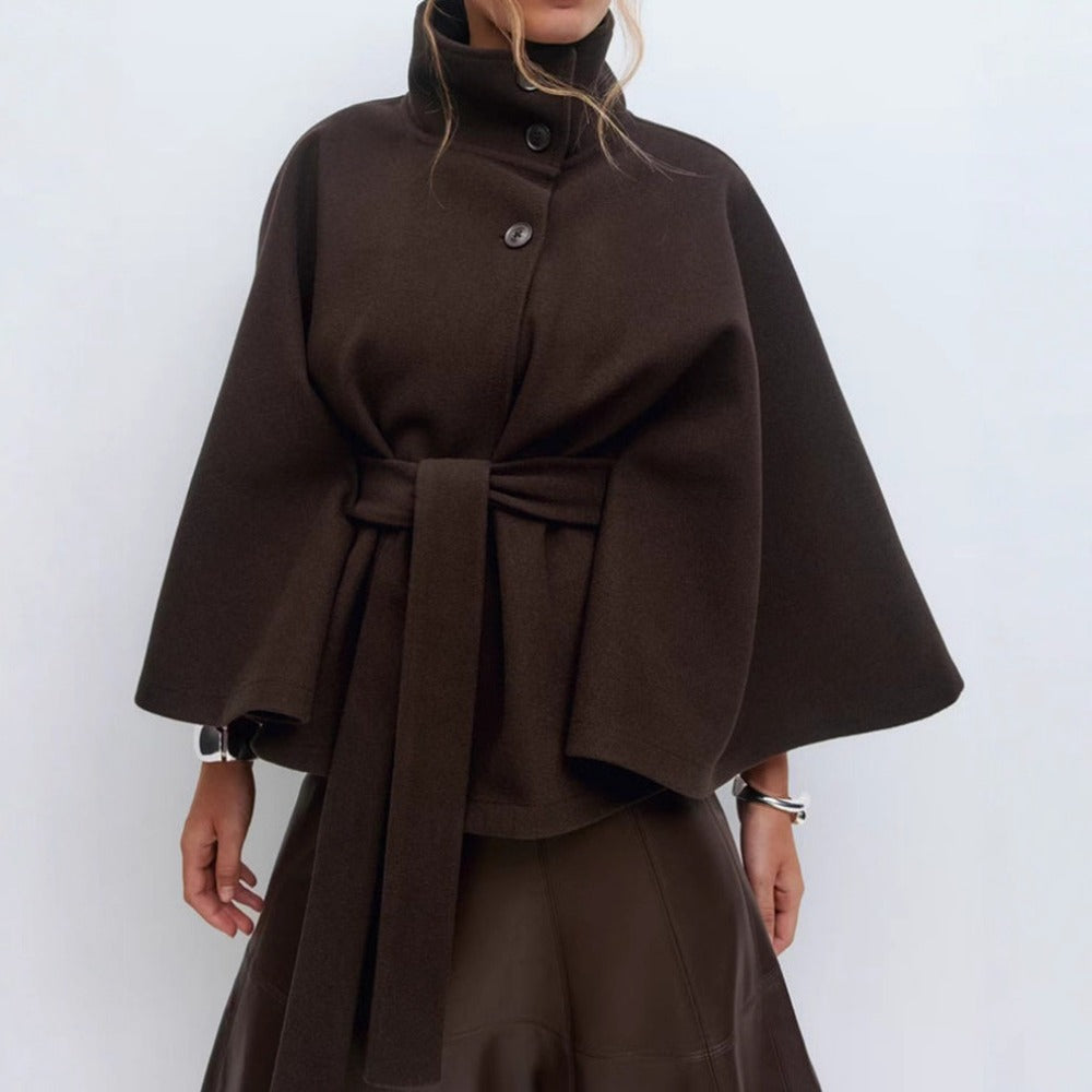 Charlotte Women’s Cape Coat – Elegant Belted Winter Coat with High Collar