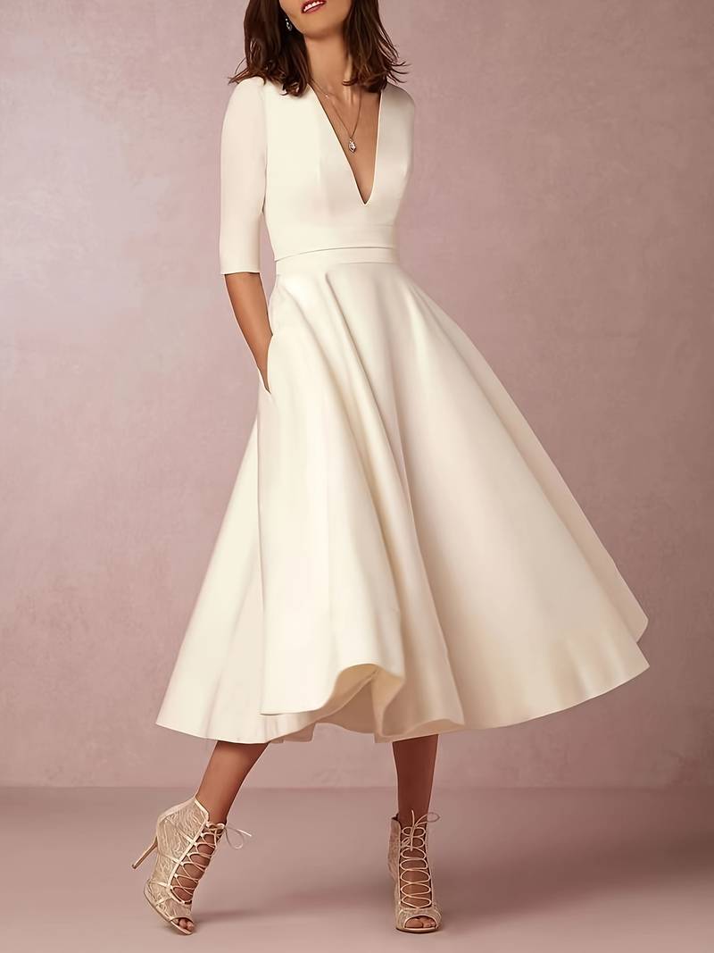 Alessia Women's Midi Dress – Elegant V-Neck A-Line Dress with Flattering Fit