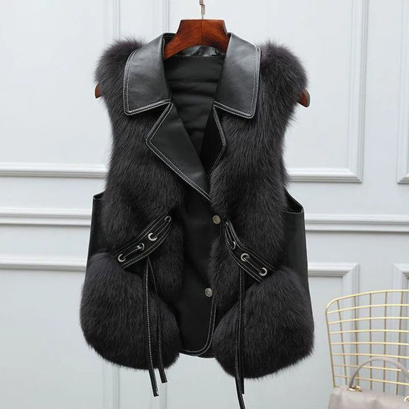 Marlowe Women's Faux Fur Vest with Oversized Lapel Collar & Adjustable Waist