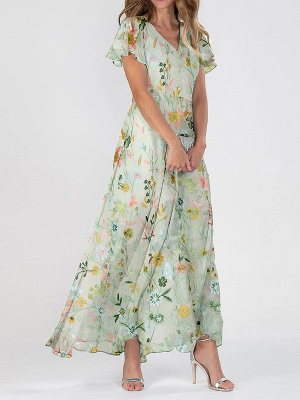 Norman Women's Long Dress – Chic Floral Print with an Sophisticated V-Neckline