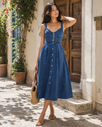 Delphine Women's Sleeveless Button-Front Denim Midi Dress with Smocked Back & A-Line Skirt