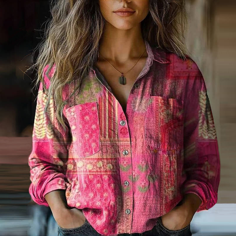 Hazel Women's Vintage Print Blouse – Relaxed Button-Up Shirt with Ethnic Pattern & Long Sleeves
